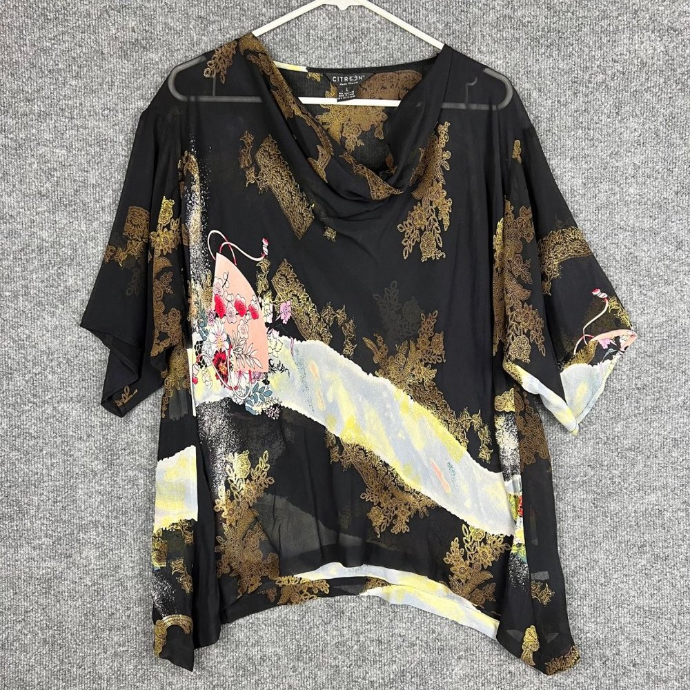 Citron Santa Monica Women's Cowl Neck Silk Blouse Japanes Asian Floral Look